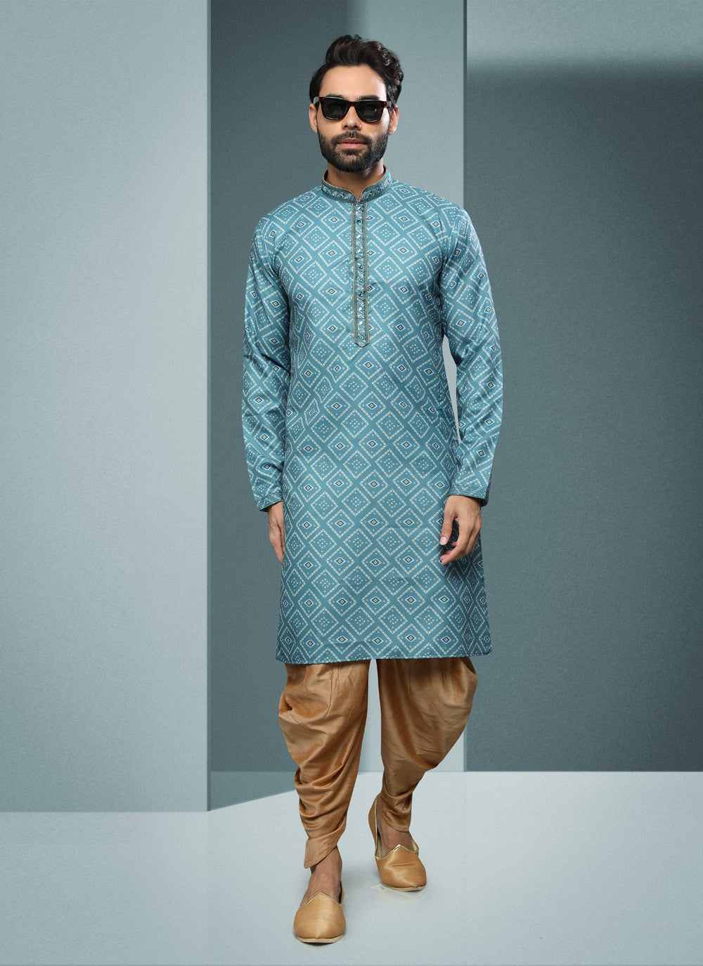 Digital Print Handloom Cotton Blue Dhoti Kurta - M4069