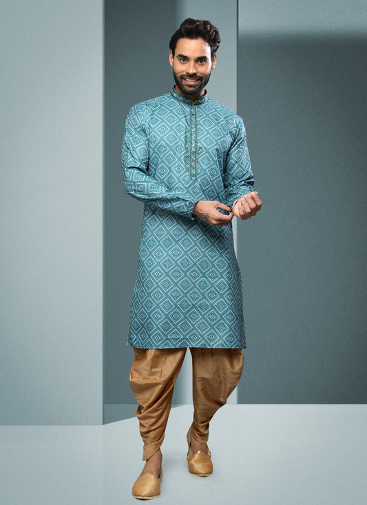 Digital Print Handloom Cotton Blue Dhoti Kurta - M4069