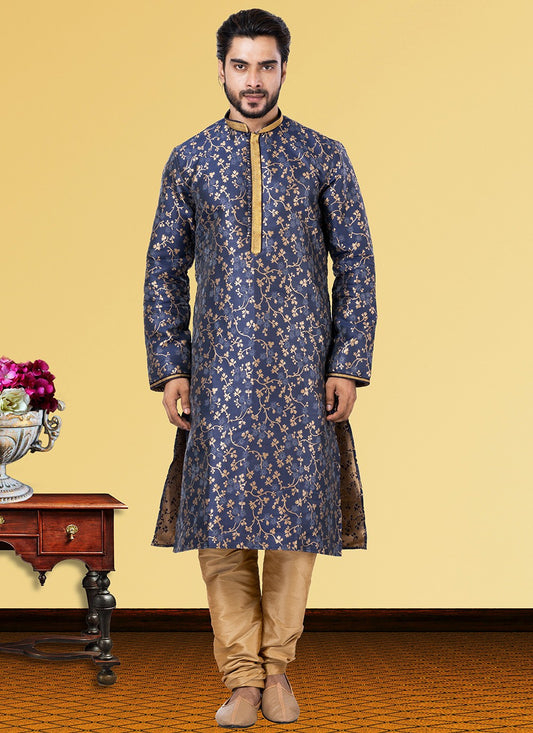 Foliage Prints Jacquard Blue Kurta Pyjama - M3688