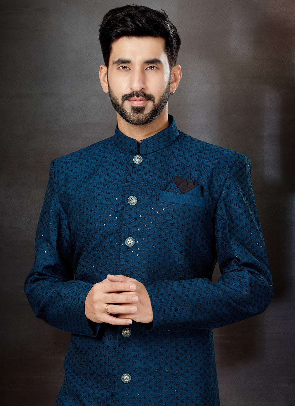 Embroidered Jacquard Blue Indo Western Sherwani - M4822