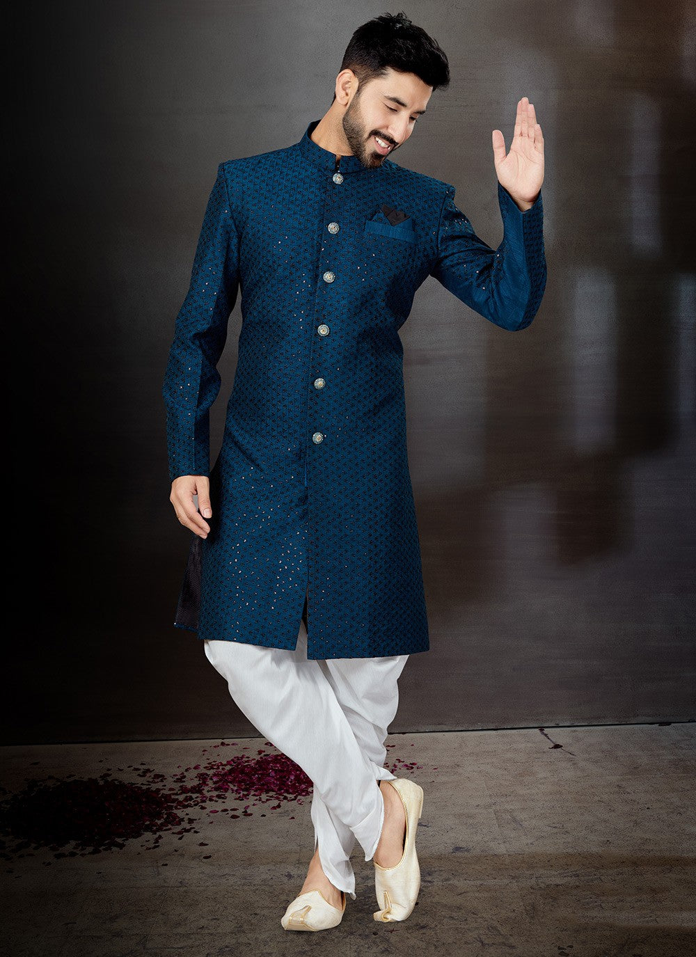 Embroidered Jacquard Blue Indo Western Sherwani - M4822