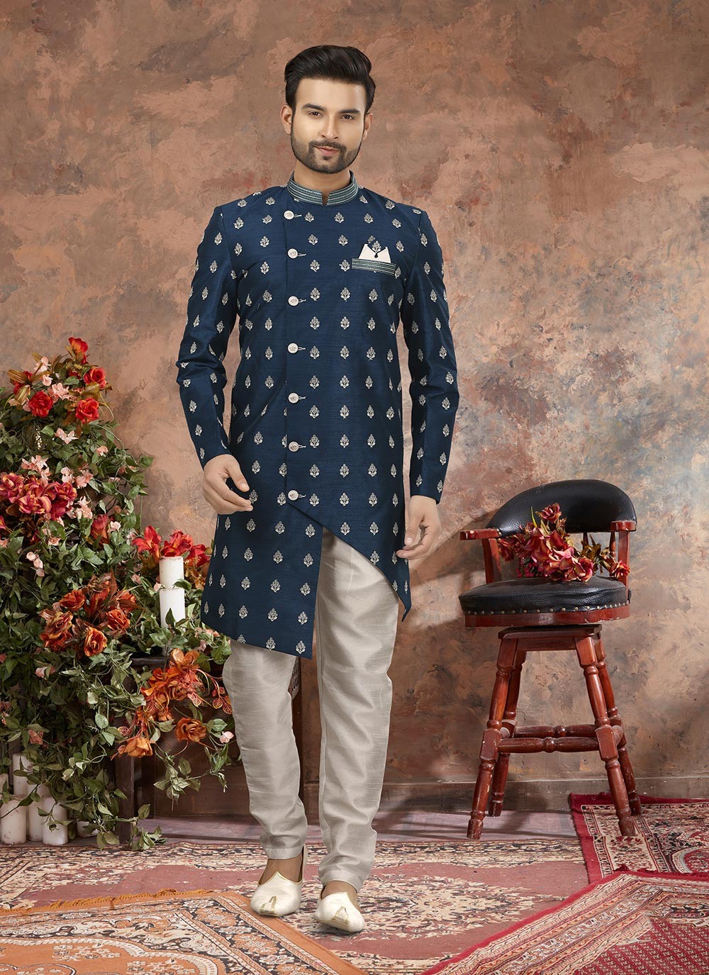 Machine Embroidery Jacquard Blue Indo Western Sherwani - M2881