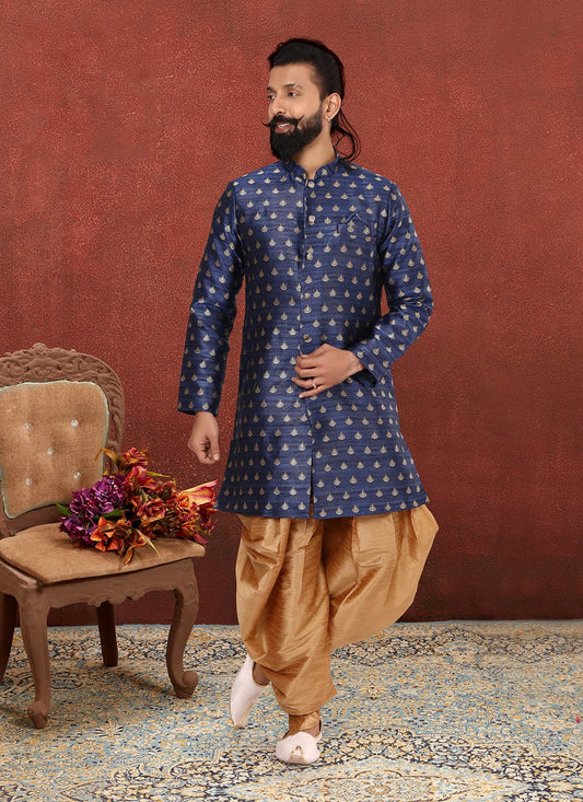 Jacquard Work Jacquard Silk Blue Indo Western Sherwani - M2615