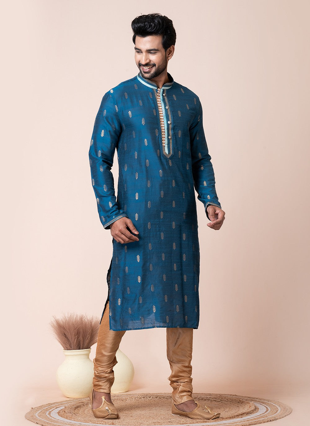 Jacquard Work Jacquard Silk Blue Kurta Pyjama - M8566