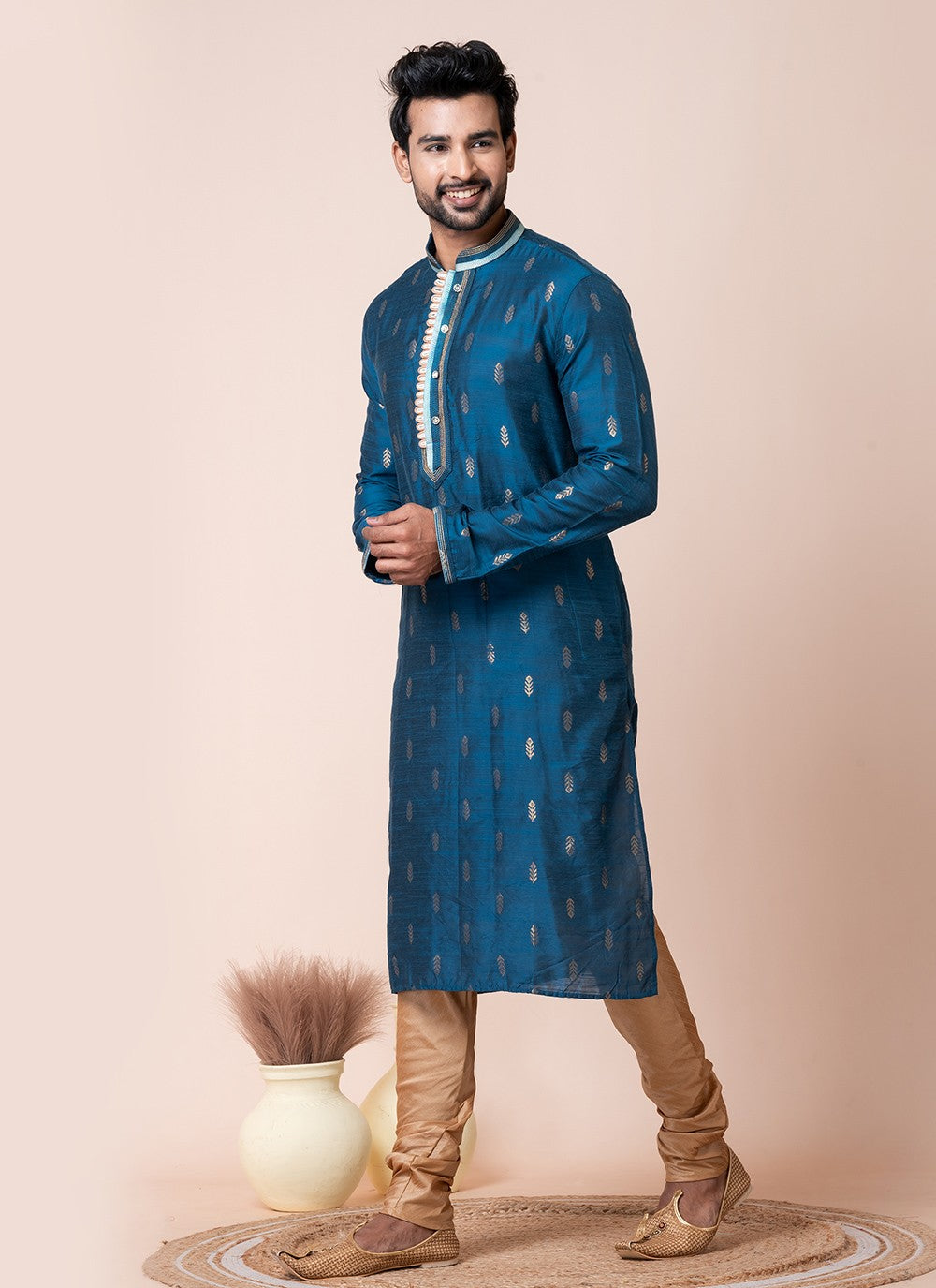 Jacquard Work Jacquard Silk Blue Kurta Pyjama - M8566