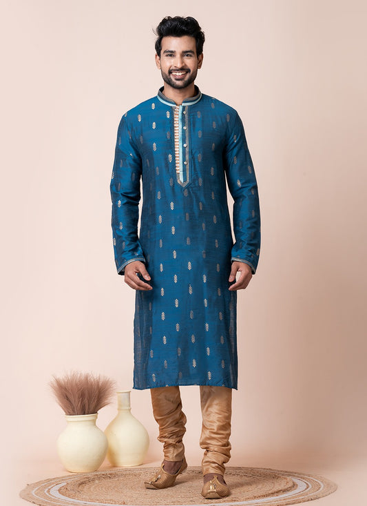 Jacquard Work Jacquard Silk Blue Kurta Pyjama - M8566