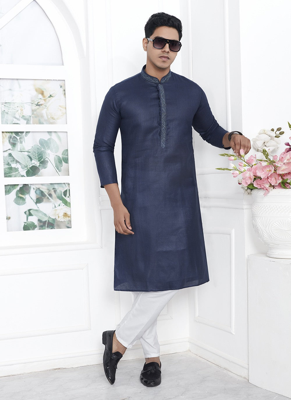 Fancy Work Cotton , Linen Blue Kurta Pyjama - M7109