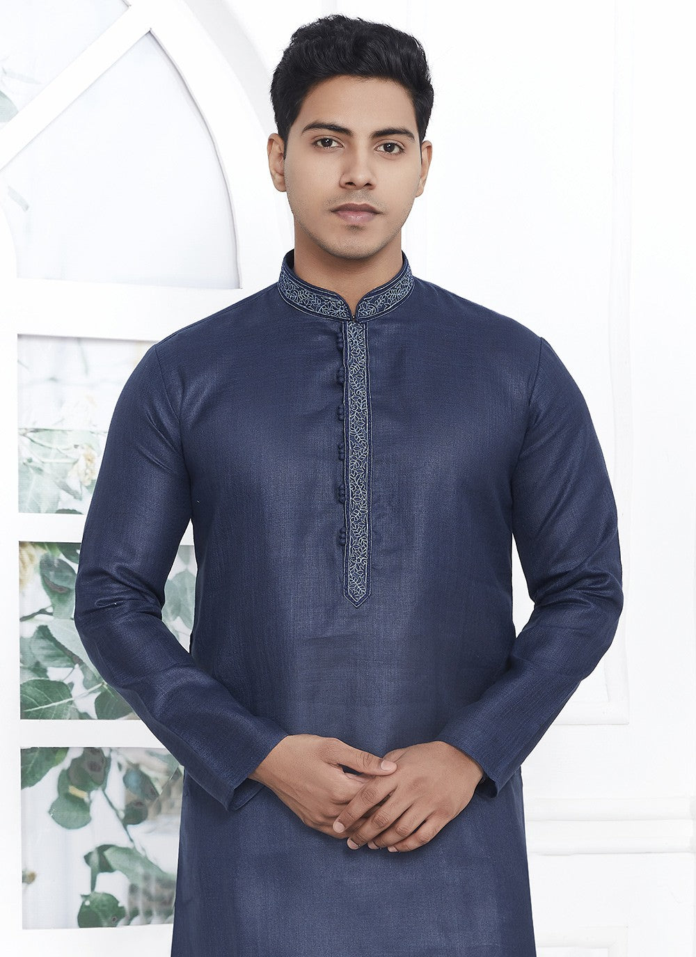 Fancy Work Cotton , Linen Blue Kurta Pyjama - M7109