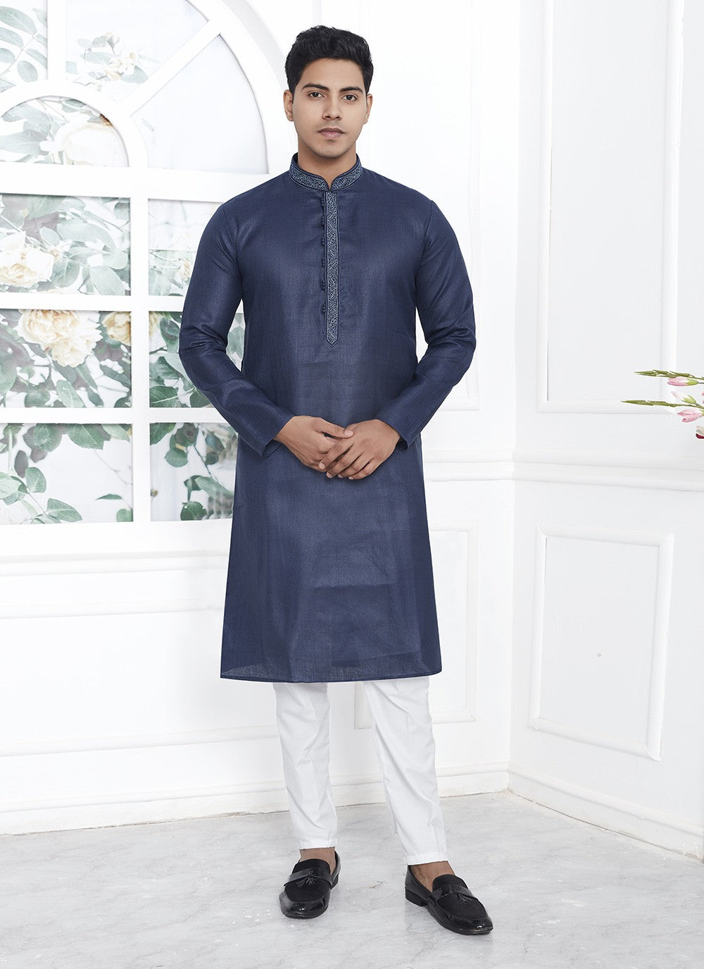 Fancy Work Cotton , Linen Blue Kurta Pyjama - M7109