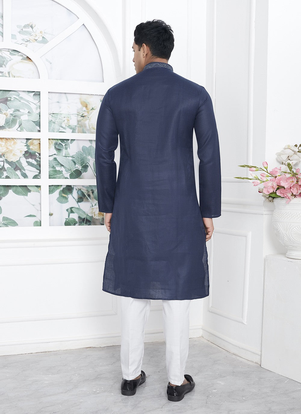 Fancy Work Cotton , Linen Blue Kurta Pyjama - M7109