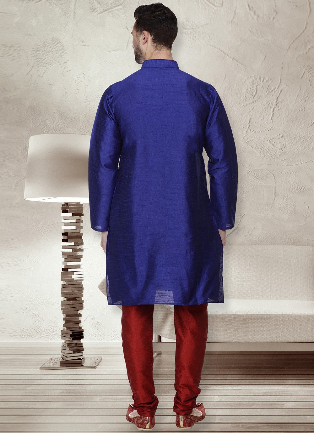 Machine Embroidery Dupion Silk Blue Kurta Pyjama - M5660