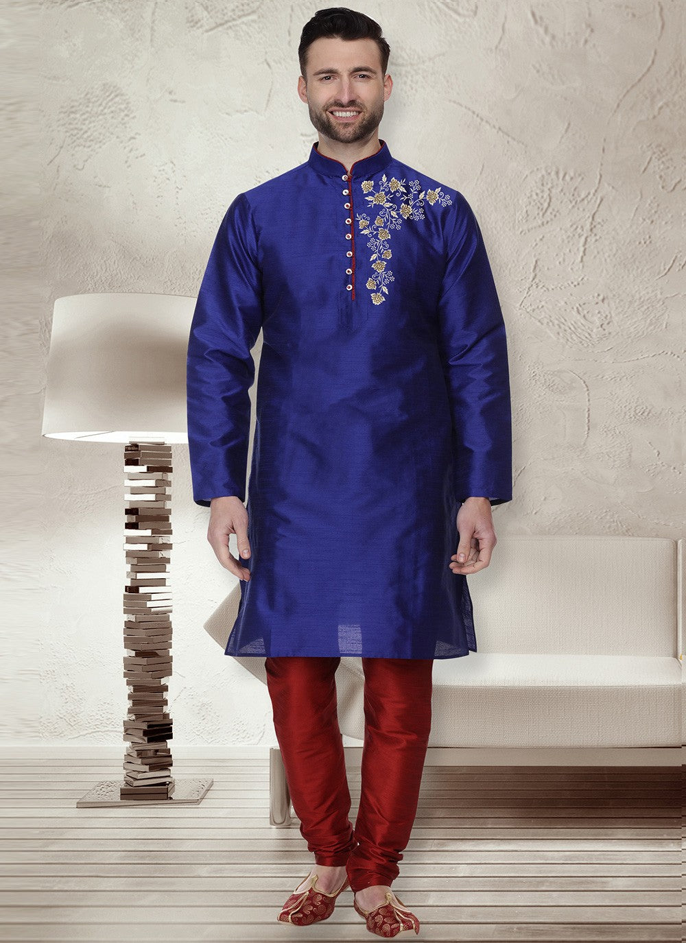 Machine Embroidery Dupion Silk Blue Kurta Pyjama - M5660