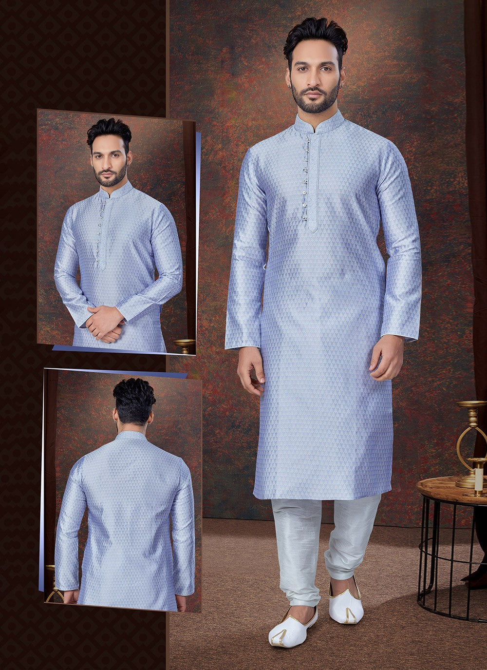 Machine Embroidery Jacquard Blue Kurta Pyjama - M7593