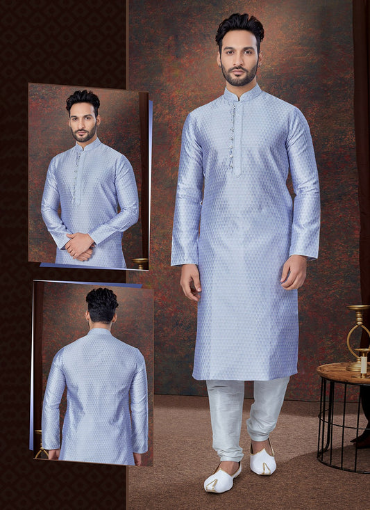 Machine Embroidery Jacquard Blue Kurta Pyjama - M7593