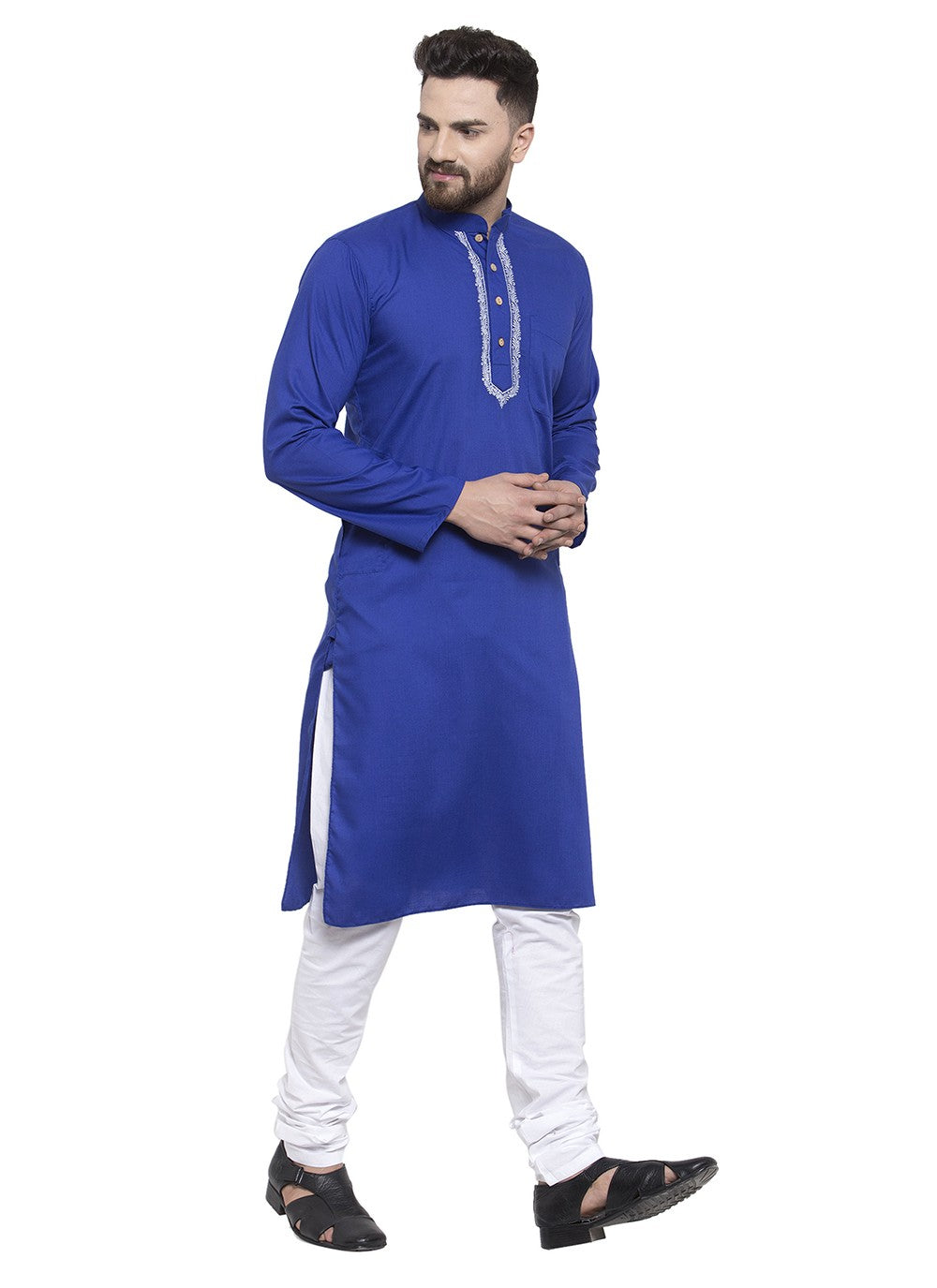 Machine Embroidery Blended Cotton Blue Kurta Pyjama - M5664