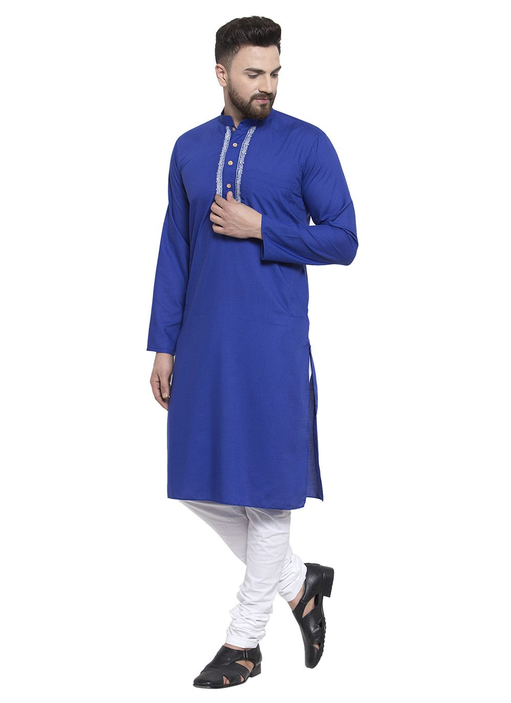 Machine Embroidery Blended Cotton Blue Kurta Pyjama - M5664