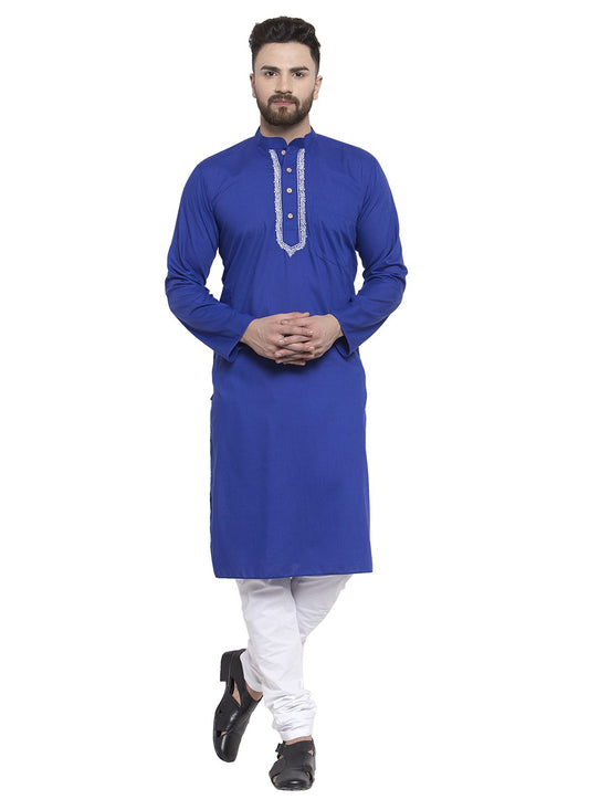 Machine Embroidery Blended Cotton Blue Kurta Pyjama - M5664