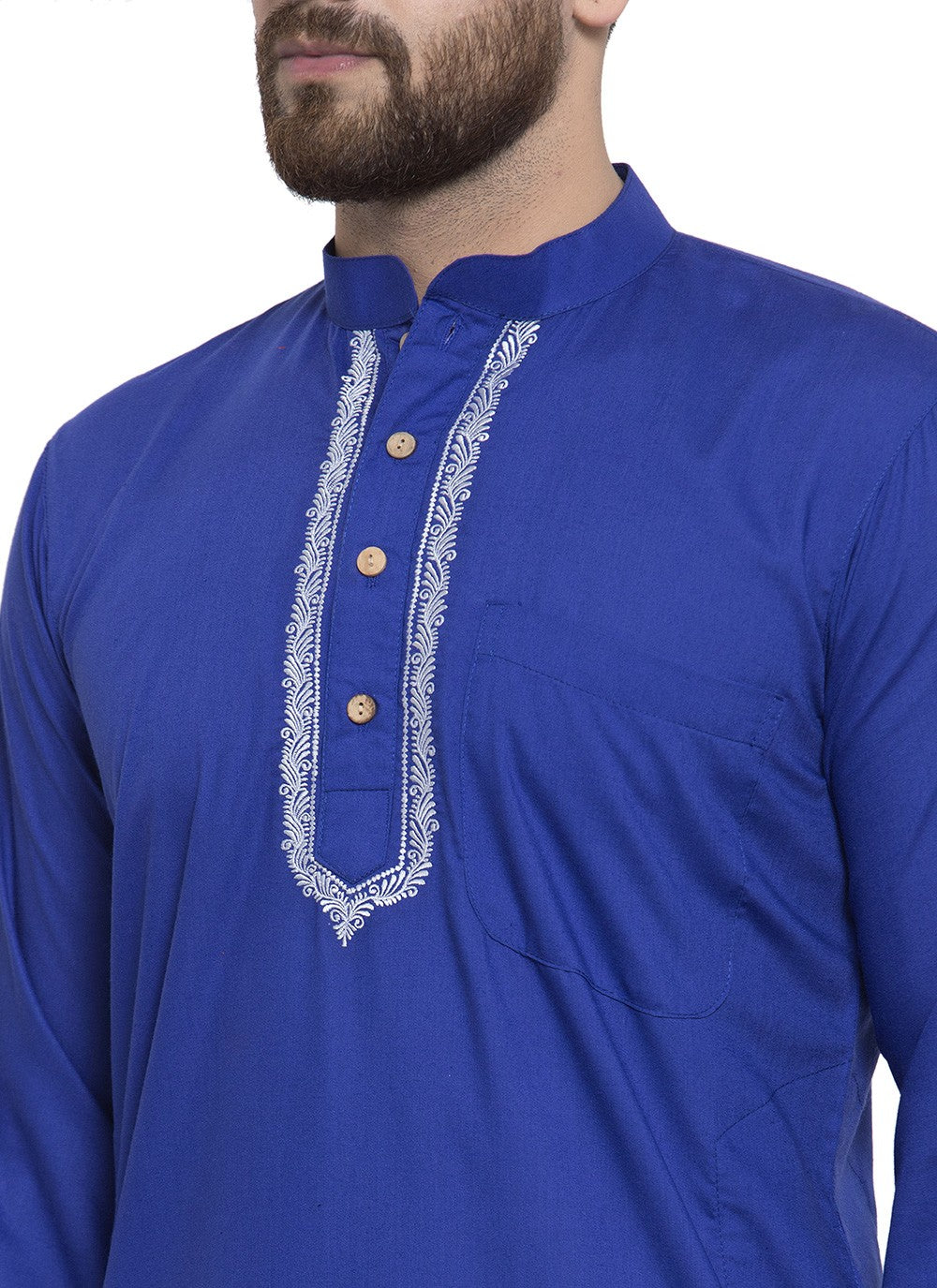 Machine Embroidery Blended Cotton Blue Kurta Pyjama - M5664