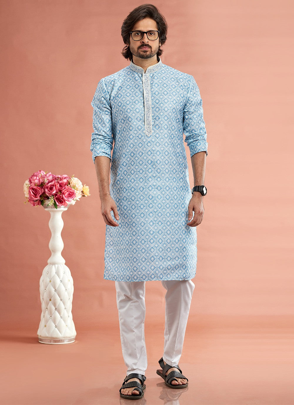 Digital Print Cotton Blue Kurta Pyjama - M7090