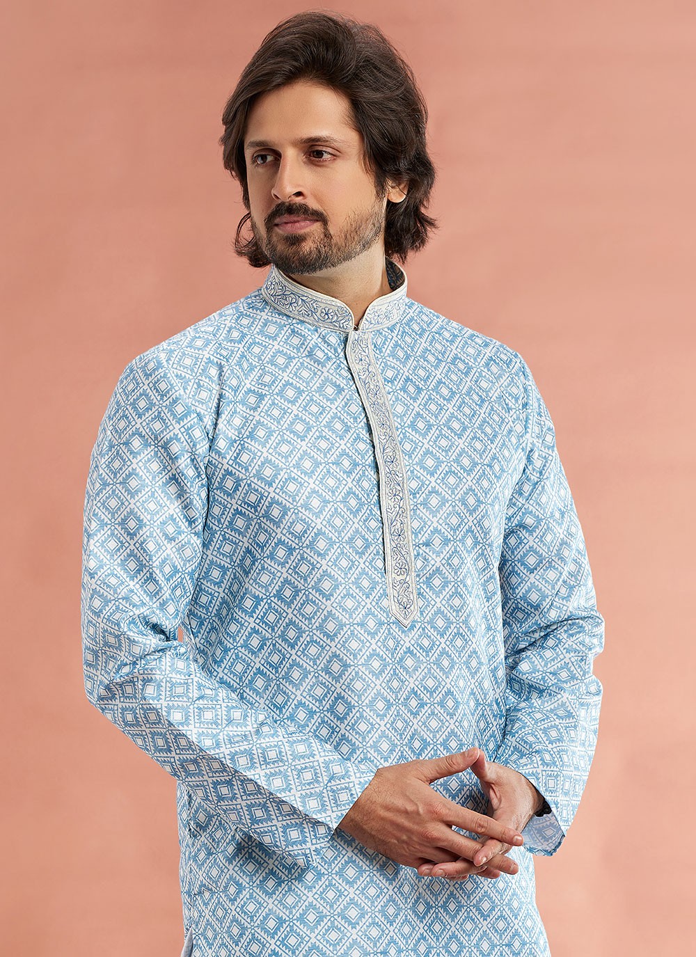 Digital Print Cotton Blue Kurta Pyjama - M7090