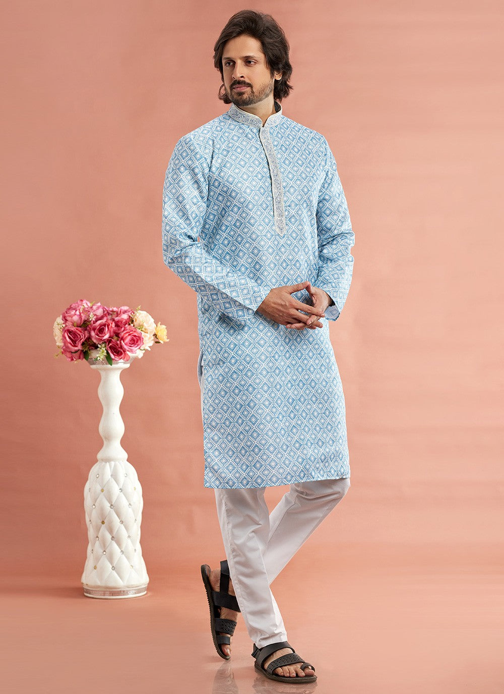 Digital Print Cotton Blue Kurta Pyjama - M7090