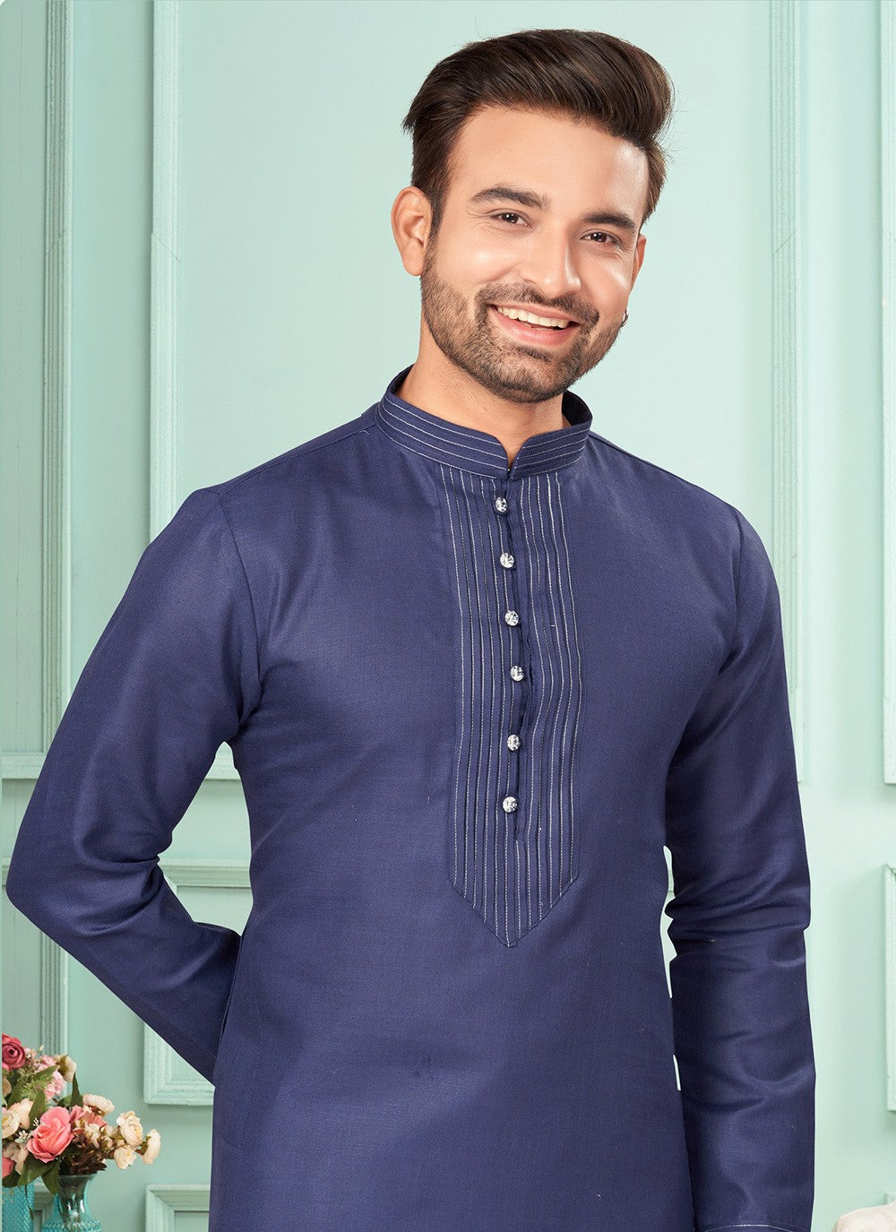 Fancy Work Cotton Blue Kurta Pyjama - M7252