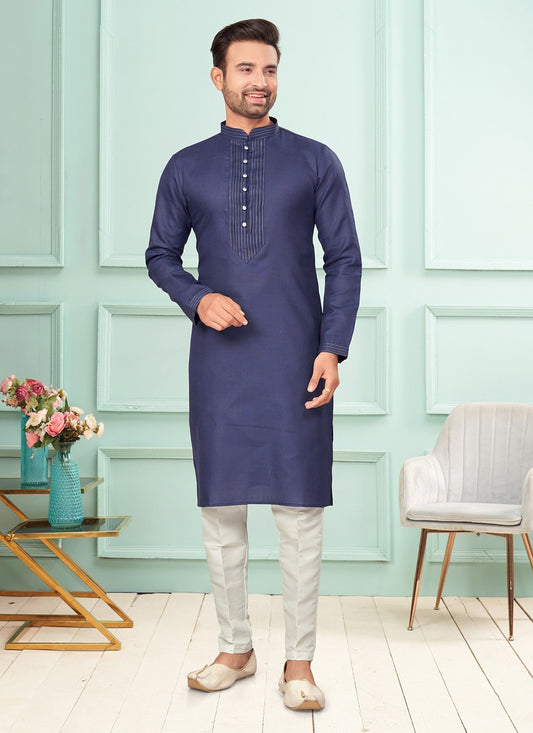 Fancy Work Cotton Blue Kurta Pyjama - M7252