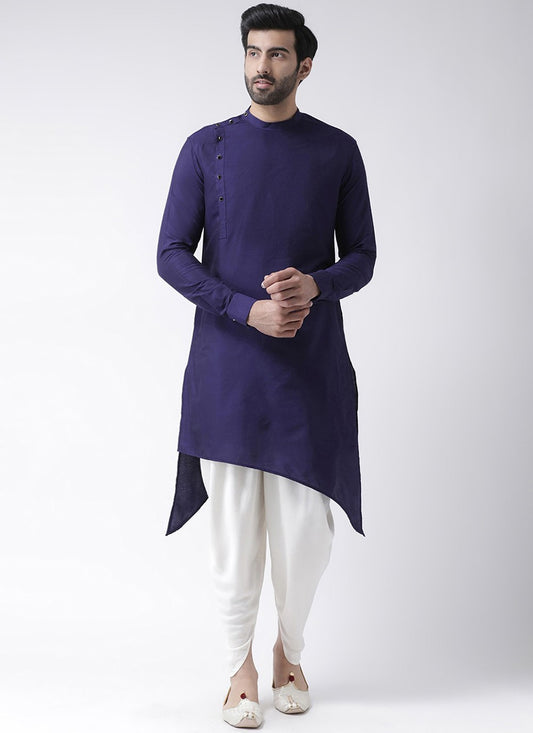 Plain Blended Cotton Blue Dhoti Kurta - M2446