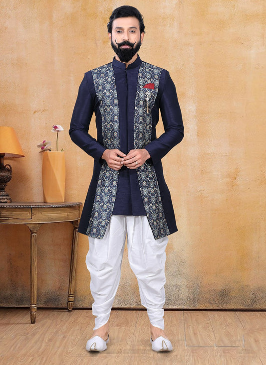 Printed Silk Blue Dhoti Kurta - M3375