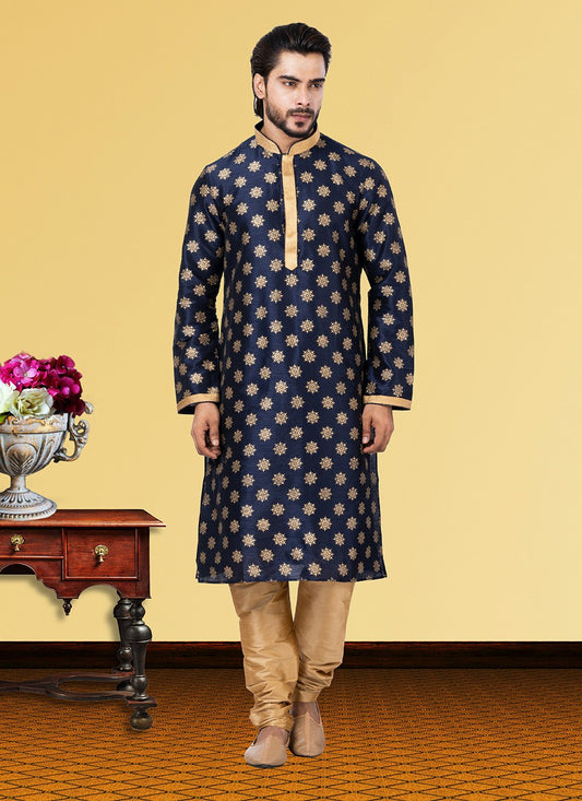 Printed Dupion Silk Blue Kurta Pyjama - M3696