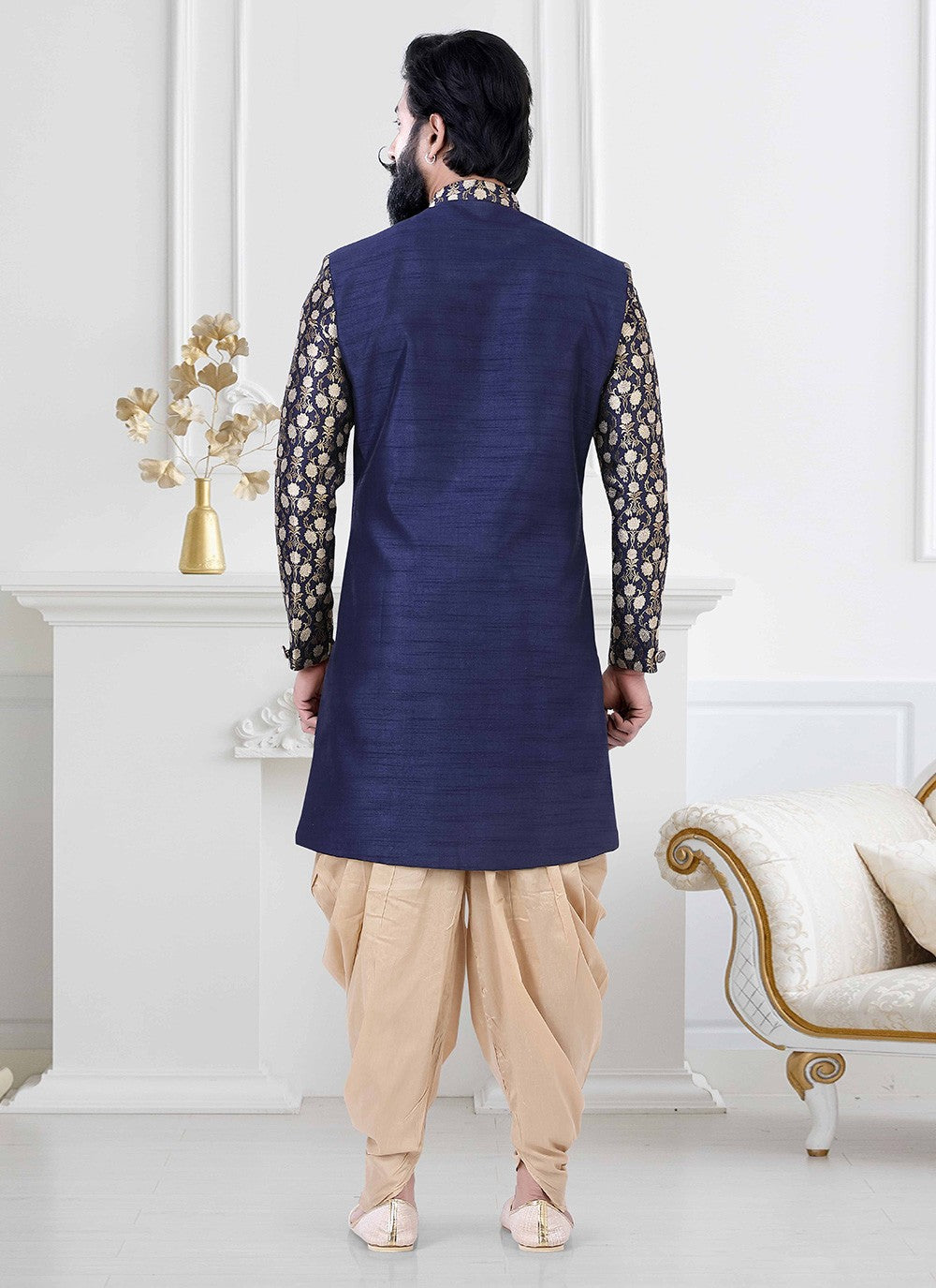 Embroidered Jacquard, Silk Blue Indo Western - M4183