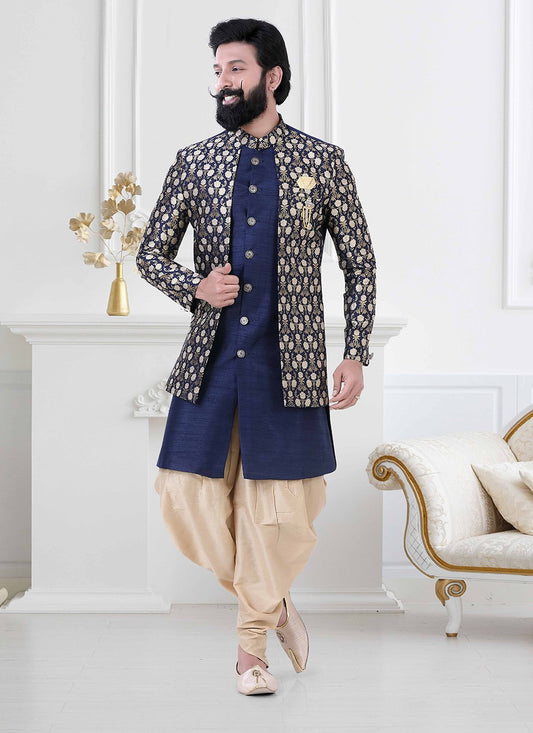 Embroidered Jacquard, Silk Blue Indo Western - M4183