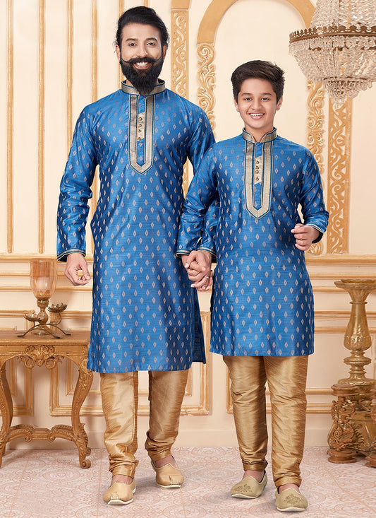 Buttis Jacquard Silk Blue Kurta Pyjama - M1921