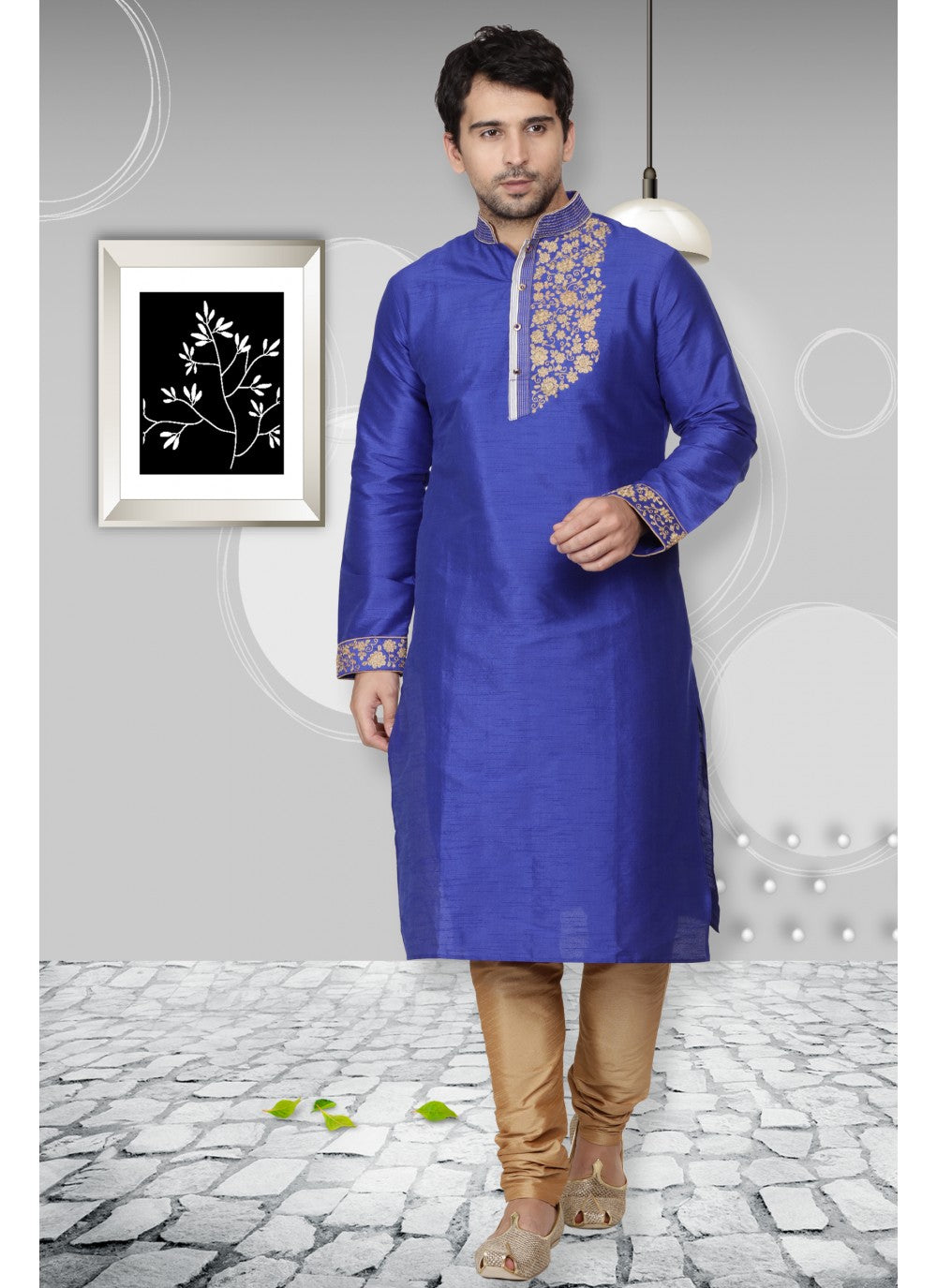 Embroidered Art Dupion Silk Blue Kurta Pyjama - M1100