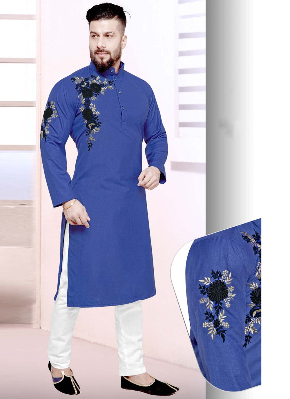 Resham Cotton Blue Kurta Pyjama - M2223