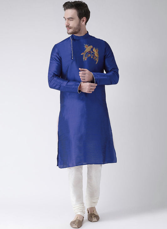 Embroidered Art Dupion Silk Blue Kurta Pyjama - M3483