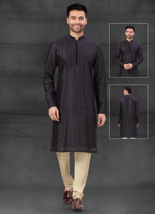 Embroidered Silk Blue Kurta Pyjama - M4111