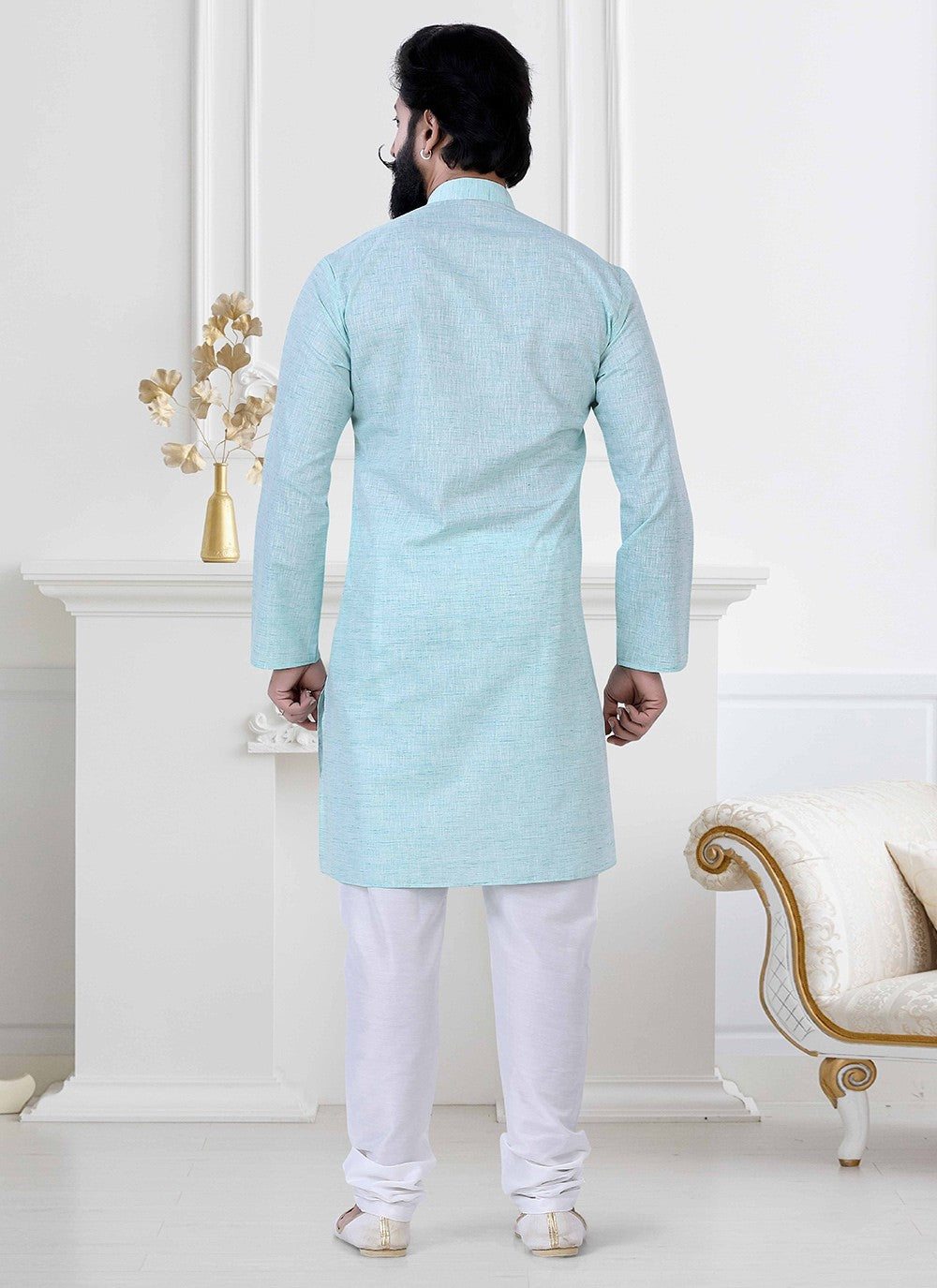 Printed Linen Blue Kurta Pyjama - M4172