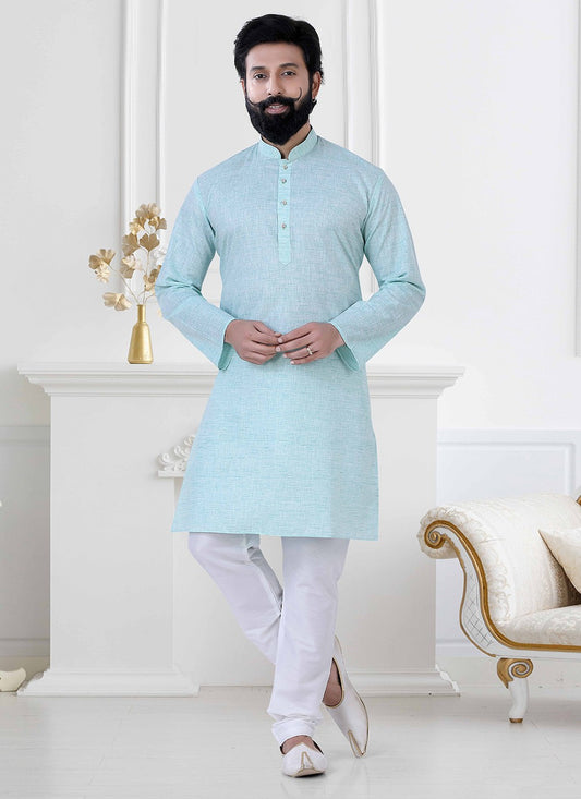 Printed Linen Blue Kurta Pyjama - M4172