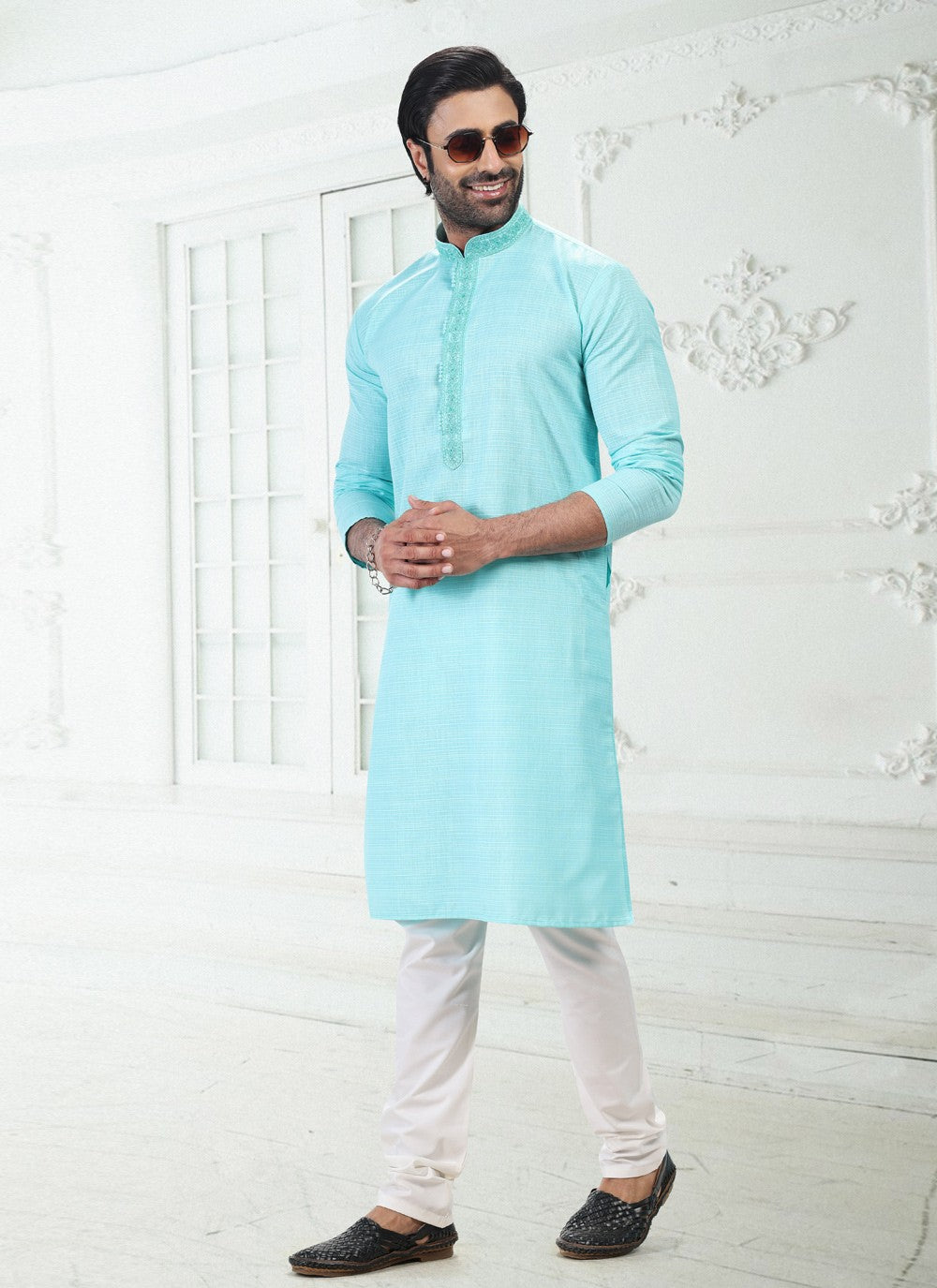 Thread Cotton , Linen Blue Kurta Pyjama - M4893