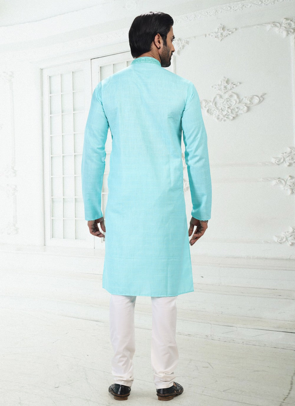 Thread Cotton , Linen Blue Kurta Pyjama - M4893