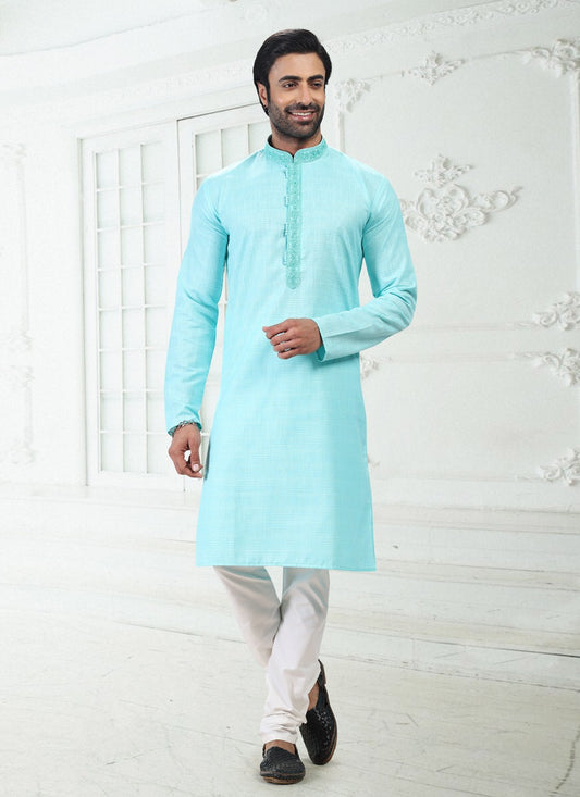 Thread Cotton , Linen Blue Kurta Pyjama - M4893