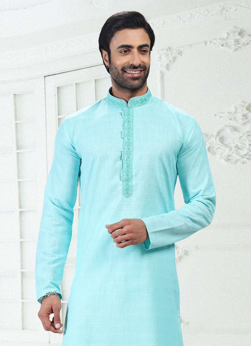 Thread Cotton , Linen Blue Kurta Pyjama - M4893