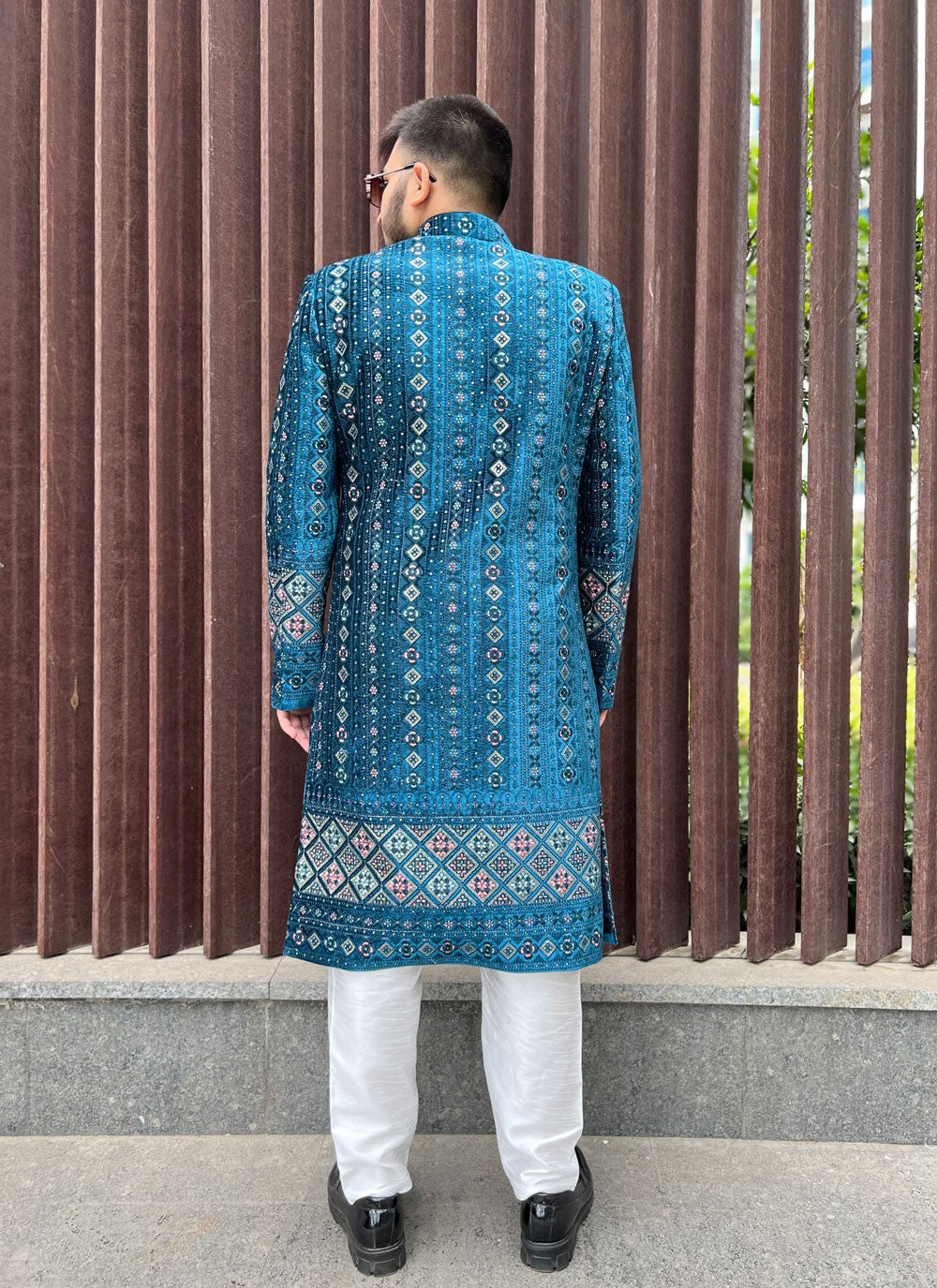 Embroidered Velvet Blue Sherwani - M5172