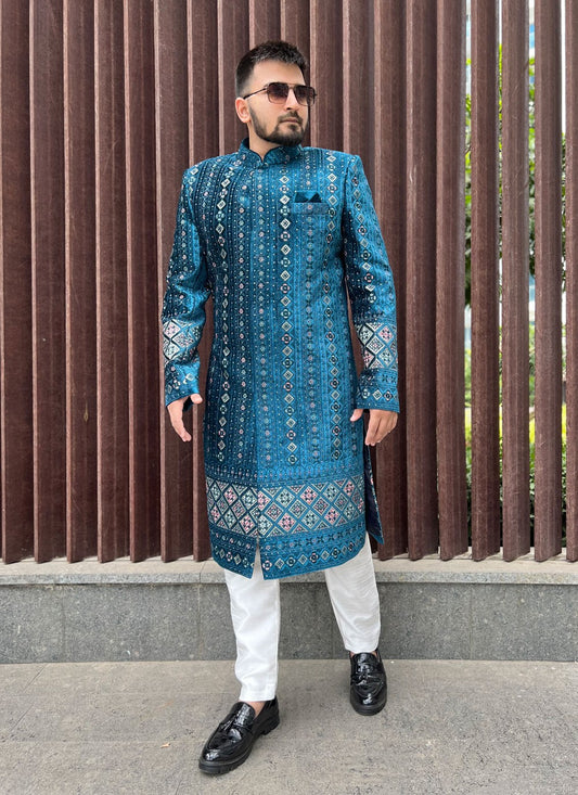 Embroidered Velvet Blue Sherwani - M5172