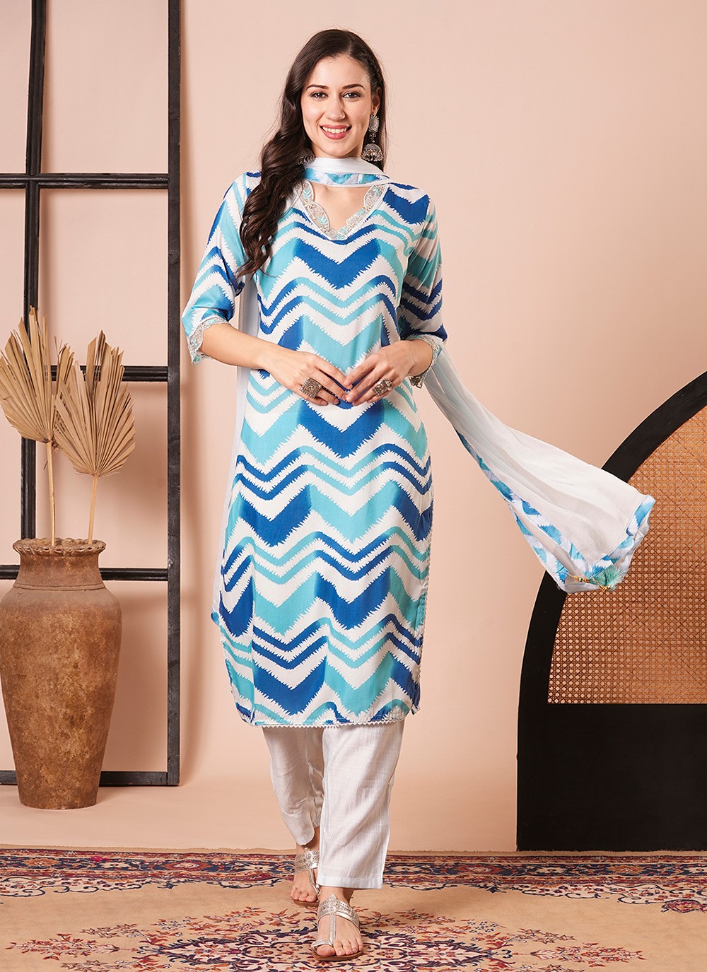 Embroidered Muslin Pant Style Suit - T4474