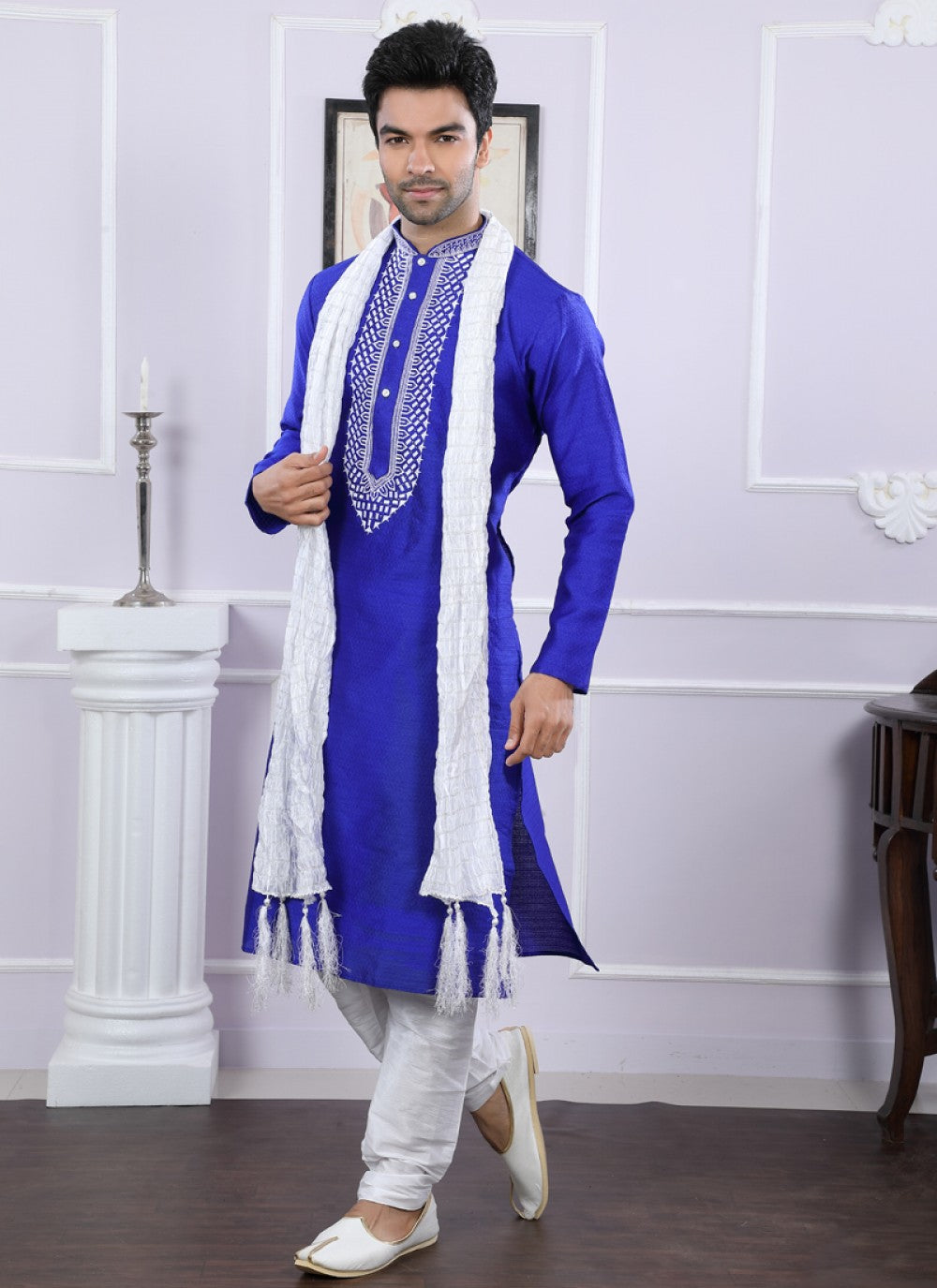 Plain Art Silk Blue Kurta Pyjama - M1097