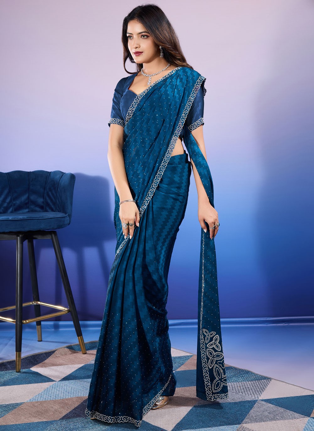 Classic Dimond Chiffon Satin Saree - S9676