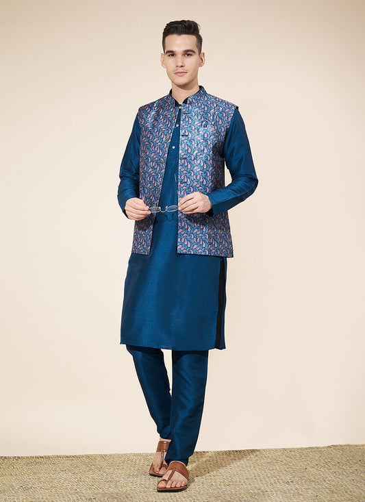 Jacquard Work Pure Silk Blue Kurta Payjama With Jacket - M8027