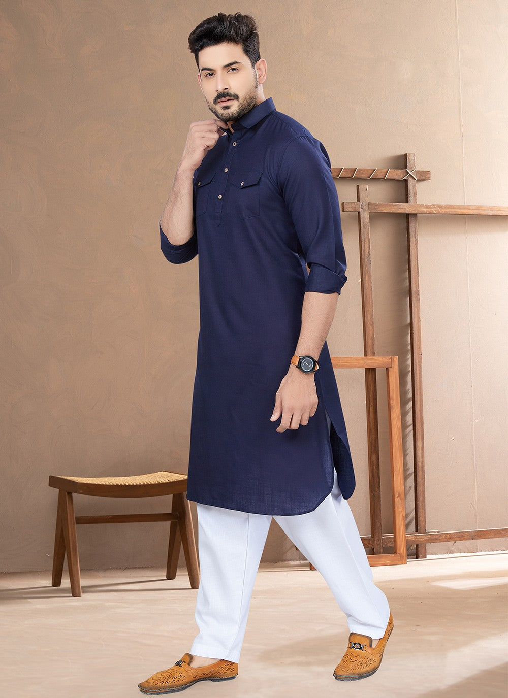 Plain Cotton Blue Kurta Pyjama - M6486